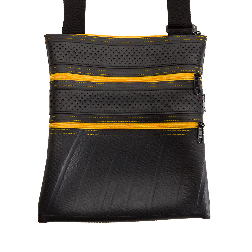 Paguro Upcycle black recycled rubber vegan handbag with yellow zippers and adjustable strap