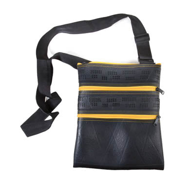 Paguro Upcycle recycled rubber vegan handbag with black strap and yellow zipper accents
