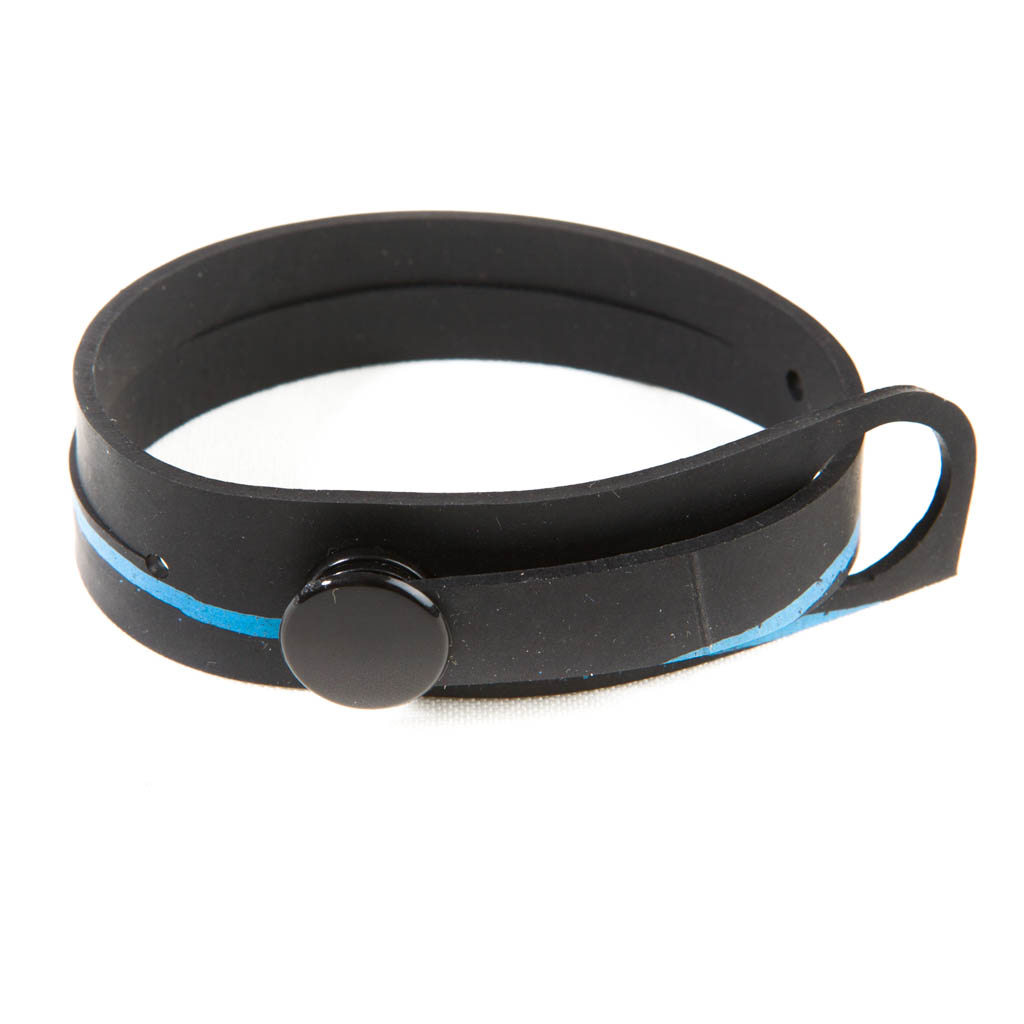 Paguro Upcycle black upcycled inner tube bracelet with blue stripe and button closure