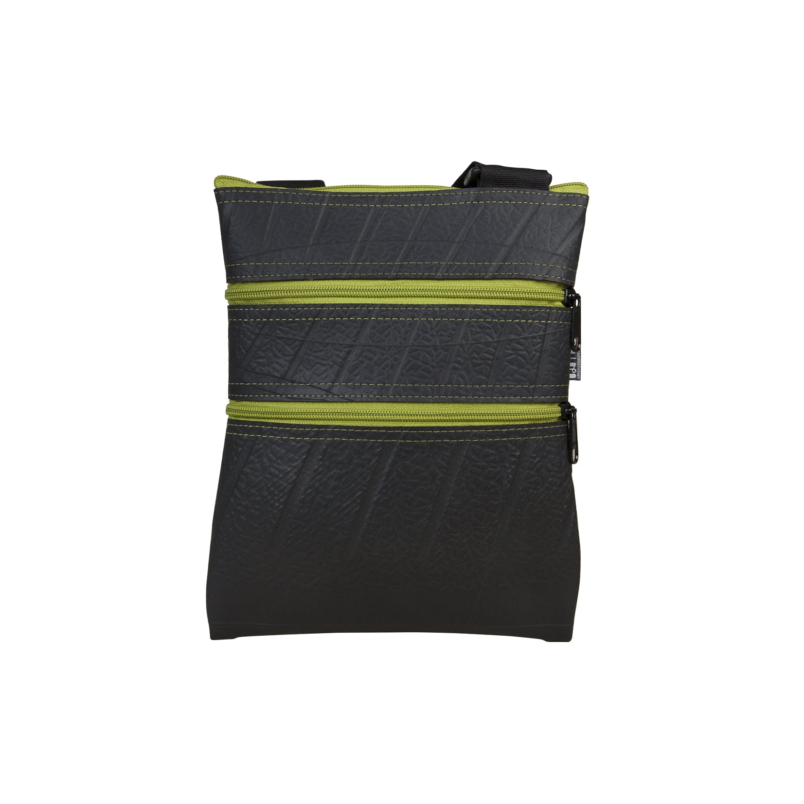 Paguro Upcycle black and green upcycled vegan crossbody bag with multiple zip compartments