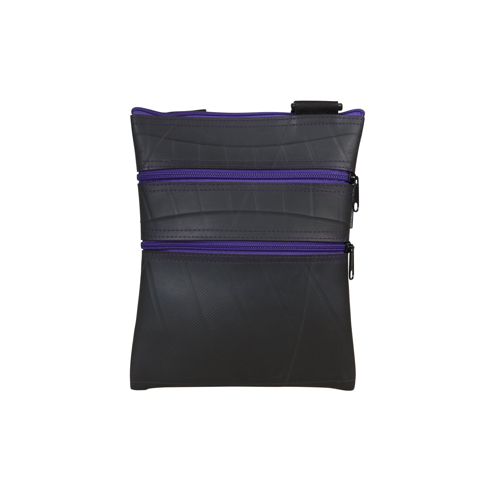 Paguro Upcycle upcycled vegan crossbody bag in black with purple zippers and multiple compartments