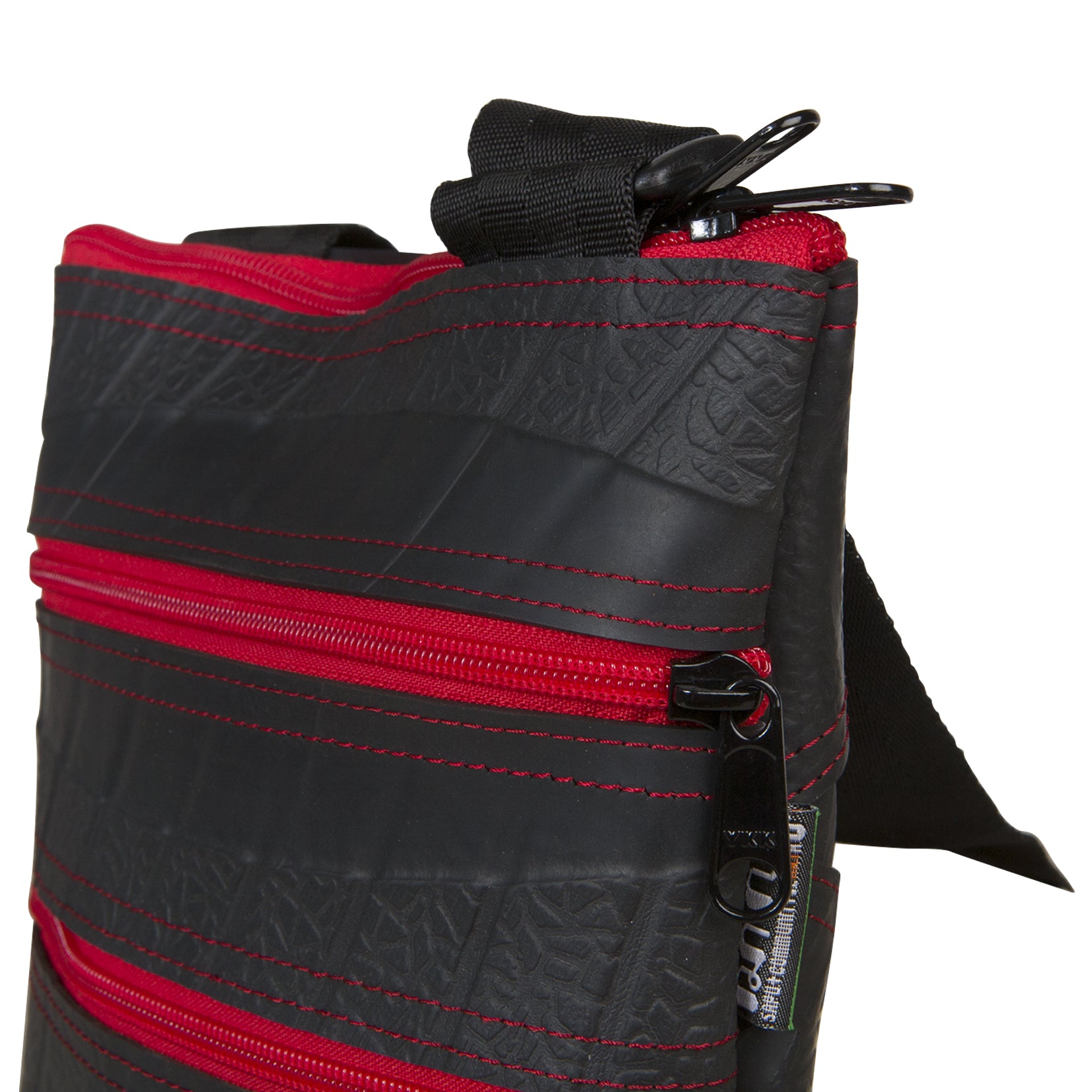 Paguro Upcycle black and red upcycled vegan crossbody bag with multiple zip compartments