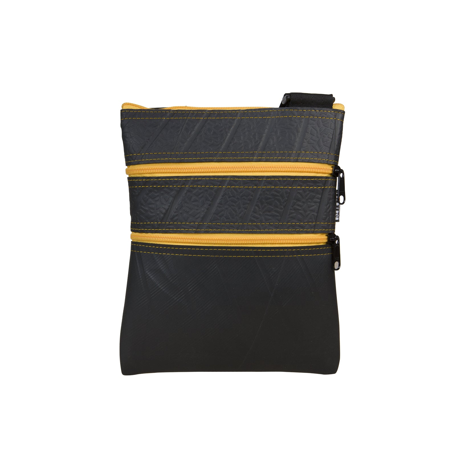 Paguro Upcycle black and yellow upcycled vegan crossbody bag with dual zipper compartments