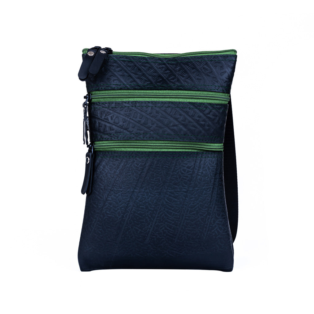 Paguro Upcycle black upcycled vegan crossbody bag with green zippers and adjustable strap