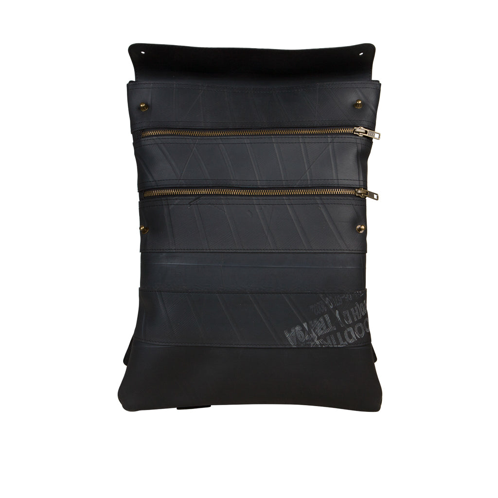 Paguro Upcycle vegan inner tube backpack in black with dual zippered compartments and minimalist design
