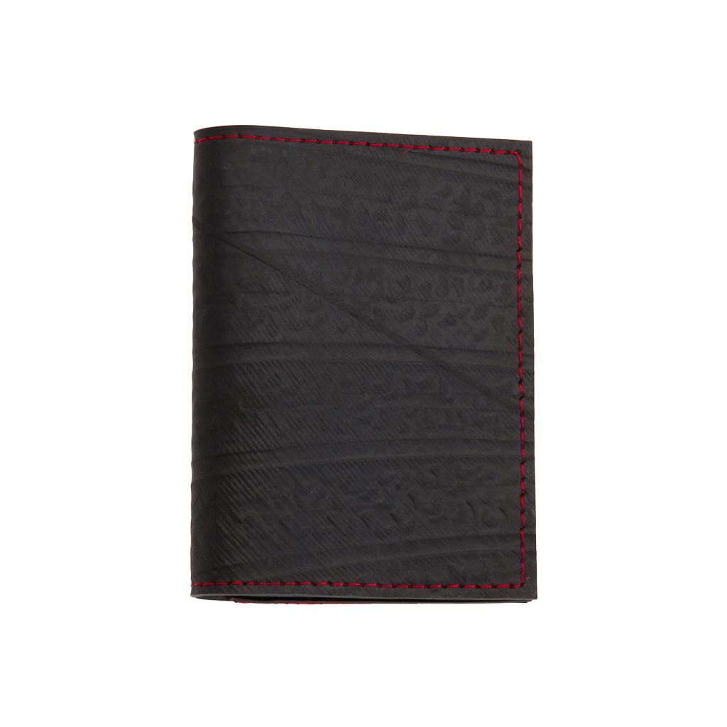 Paguro Upcycle black vegan slim card holder with red stitching and textured finish