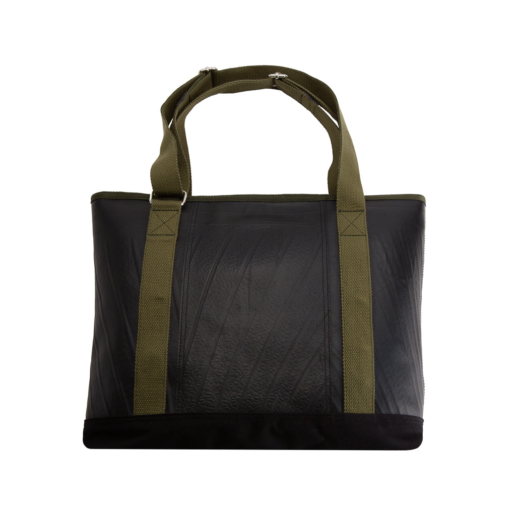 Paguro Upcycle vegan tote bag made from inner tube with green handles and black base