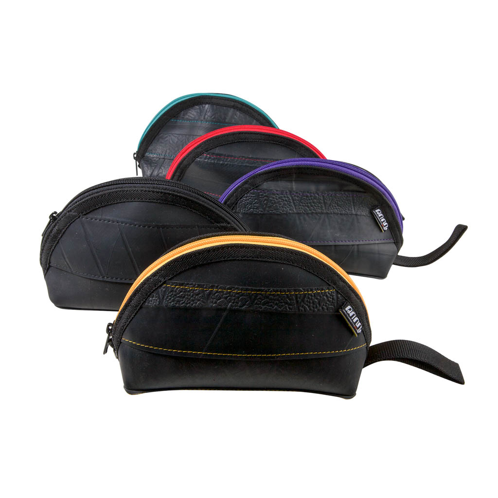 Paguro Upcycle black vegan travel pouch set with colorful zippered trims for organizing cosmetics
